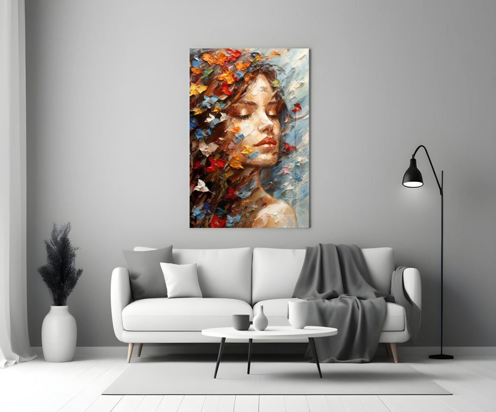 Pleasure glass wall art styled above a console in a living room