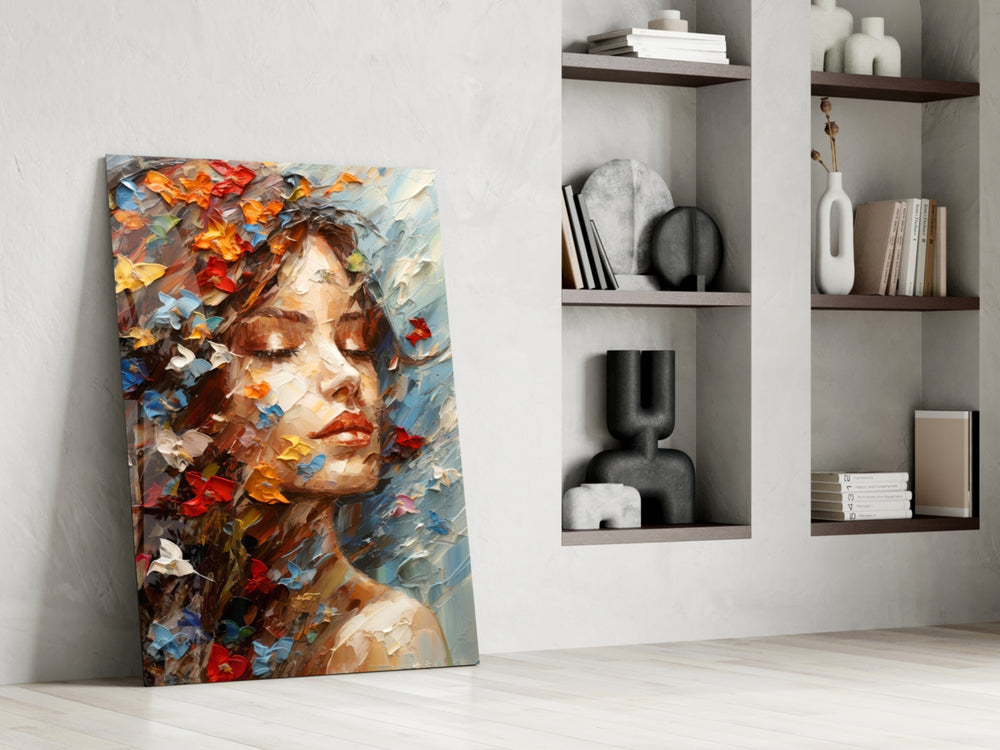 Serene-muse artwork anchoring a wall with tangerine-and-ivory palette