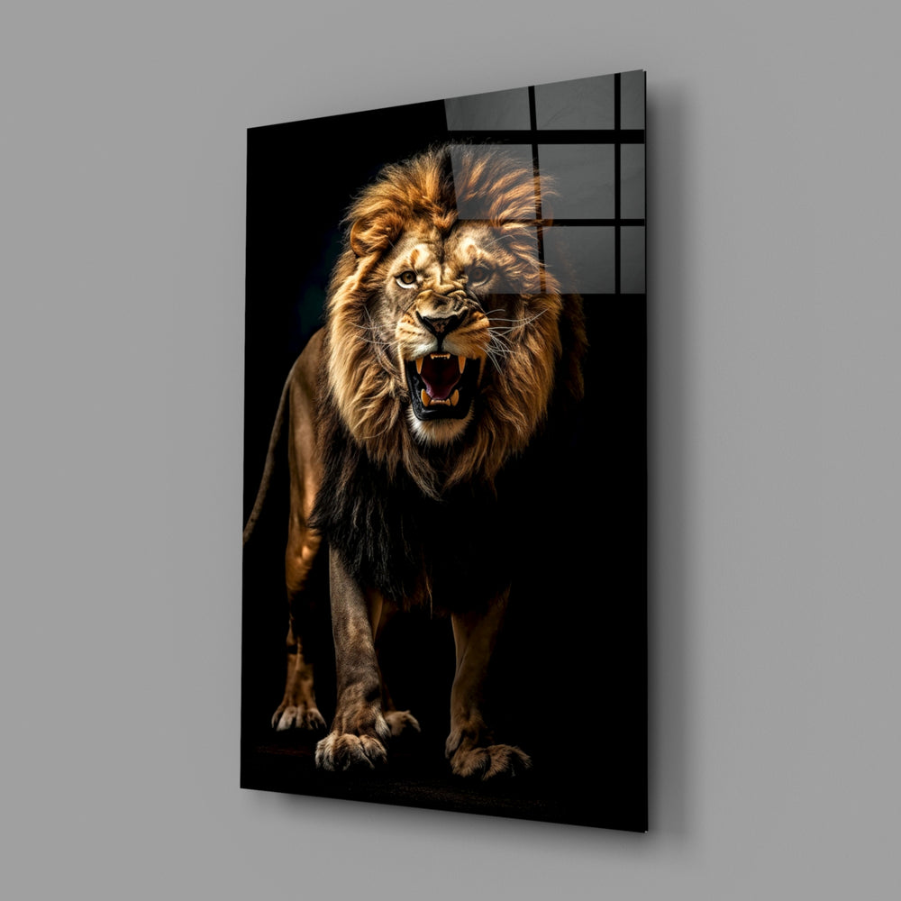 Lion in the Dark close-up showing wide roar and stalking forelegs