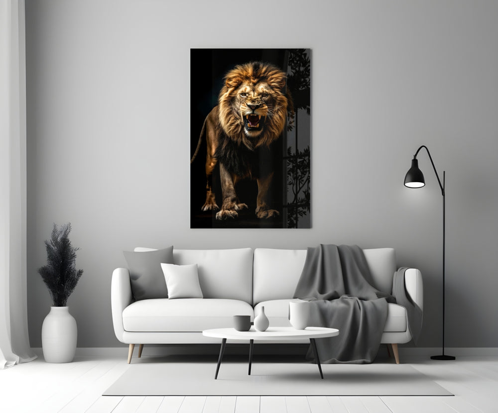 Lion in the Dark glass wall art styled above a console in a study