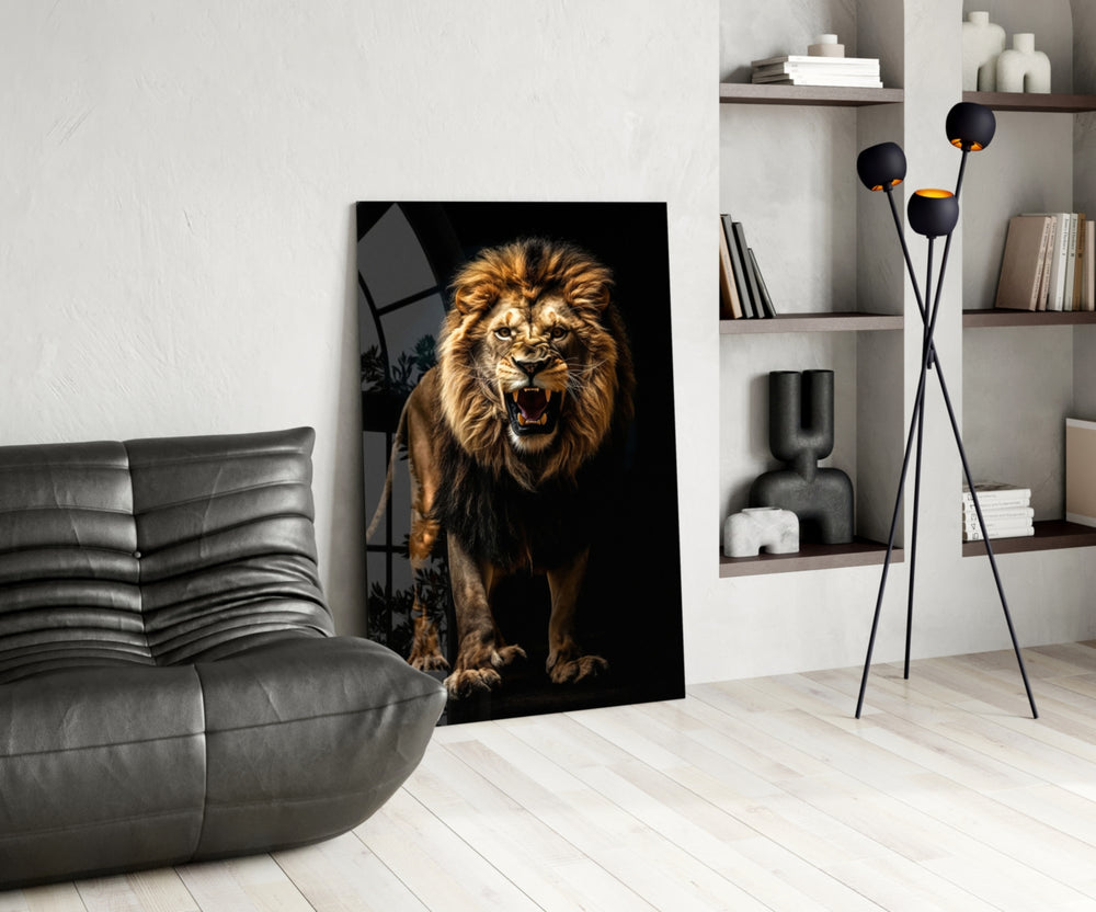 Lion in the Dark glass print enhancing a den with statement firepower