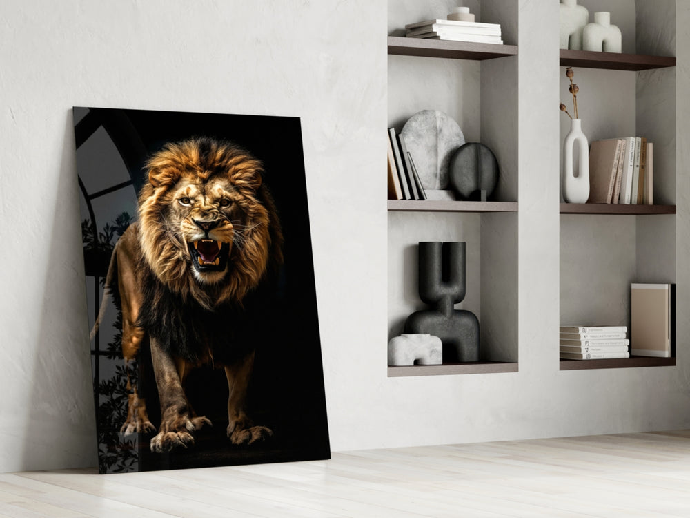 Stalking-predator artwork anchoring a wall with gold-and-onyx palette
