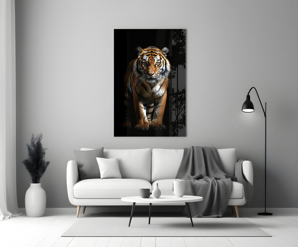 Tiger in the Dog glass wall art styled above a console in a study