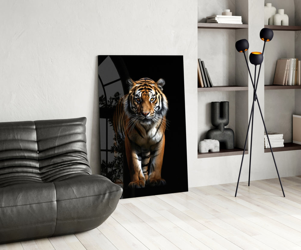 Tiger in the Dog glass print enhancing a den with statement firepower