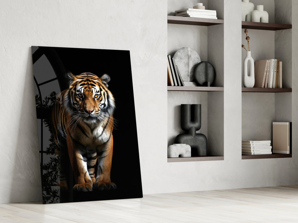Stalking-predator artwork anchoring a wall with amber-and-onyx palette