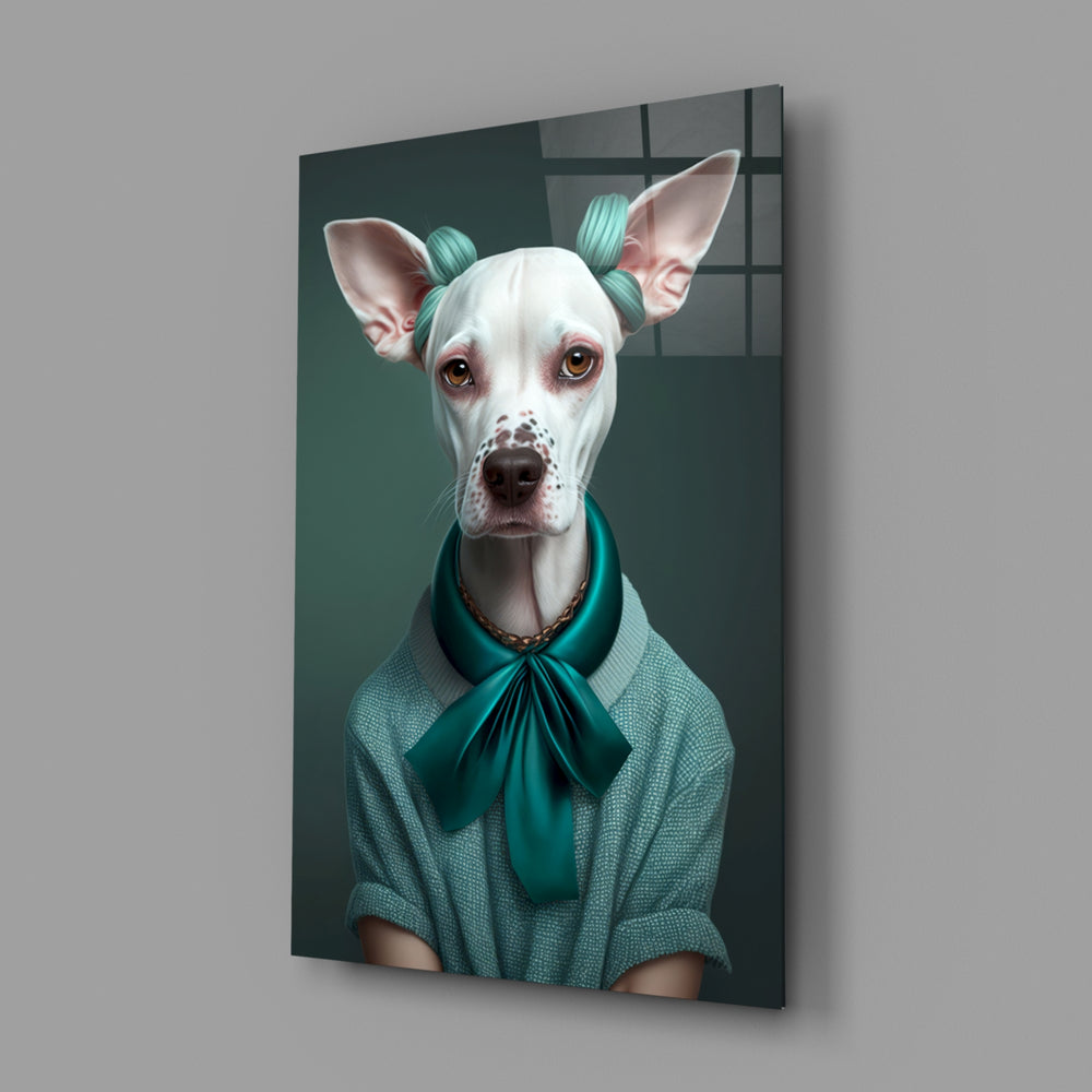 Dog Vogue close-up showing whippet with teal hair-bows and silk neck-bow