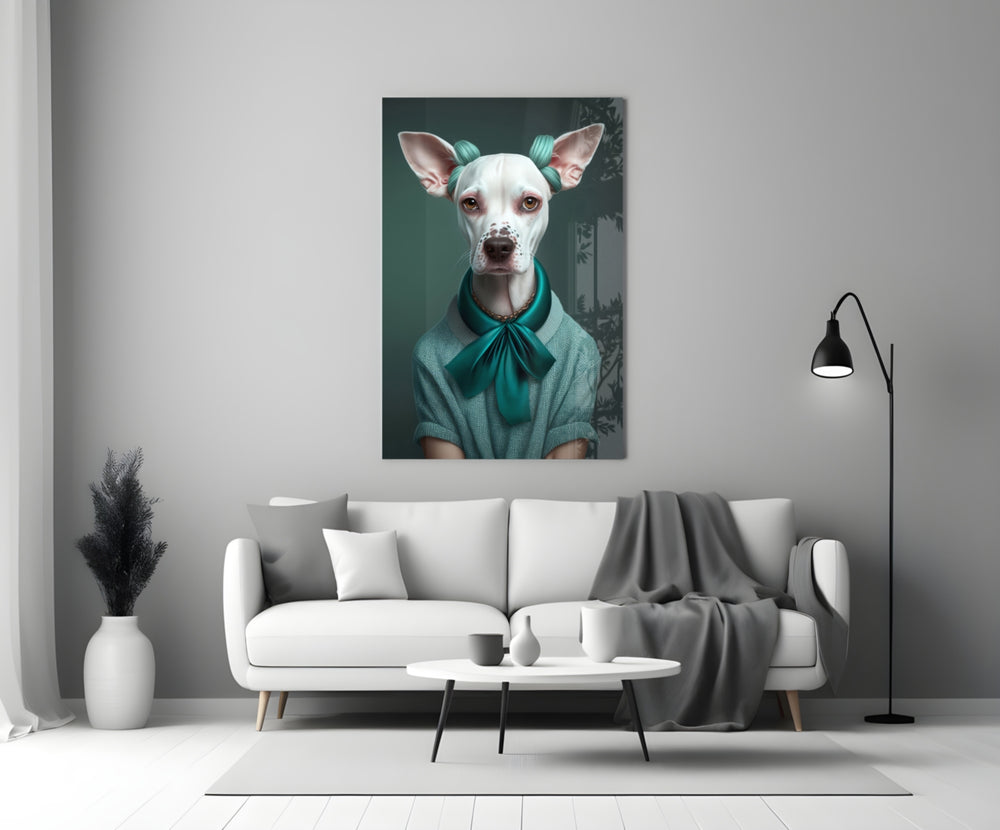 Dog Vogue glass wall art styled above a console in a powder room