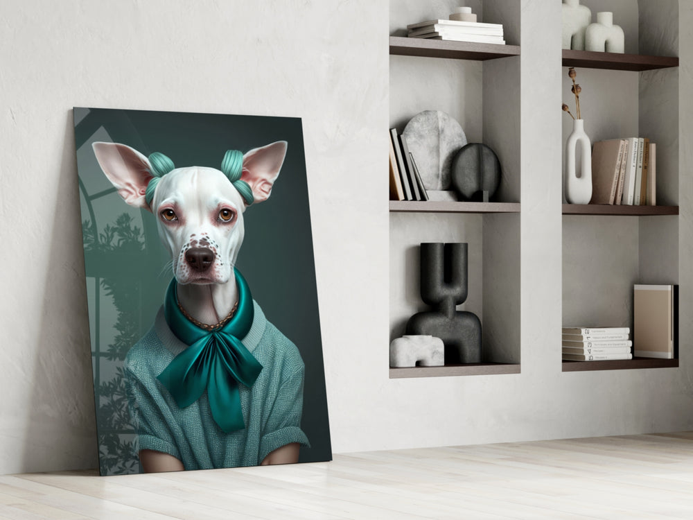 Fashion-canine artwork anchoring a wall with teal-and-sage palette