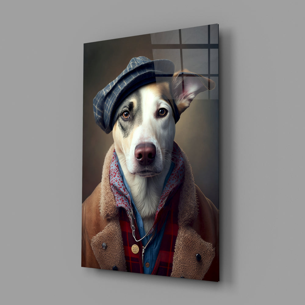 Dog Vogue close-up showing flat-cap and plaid shearling collar
