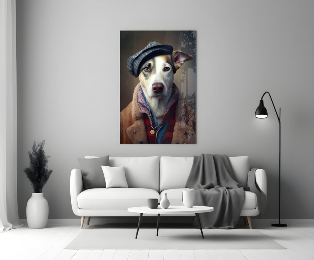 Dog Vogue glass wall art styled above a console in a foyer