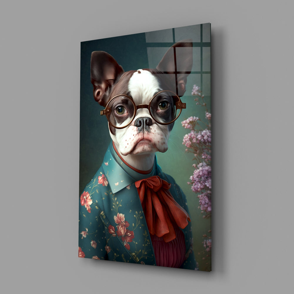 Dog Vogue close-up showing Boston-terrier with monocle and bowtie