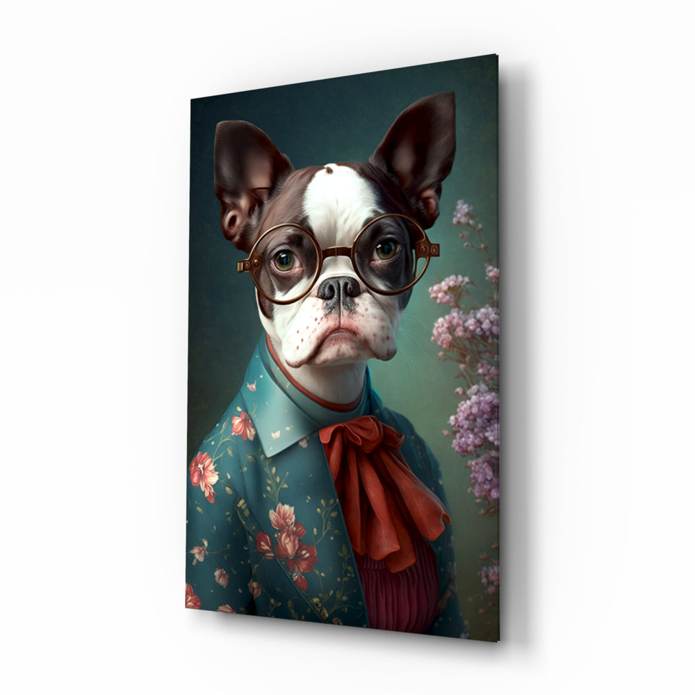Fashion-portrait panel bringing dapper glow to a powder room