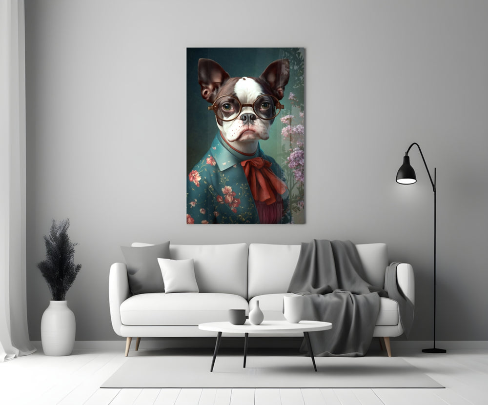 Dog Vogue glass wall art styled above a console in a study