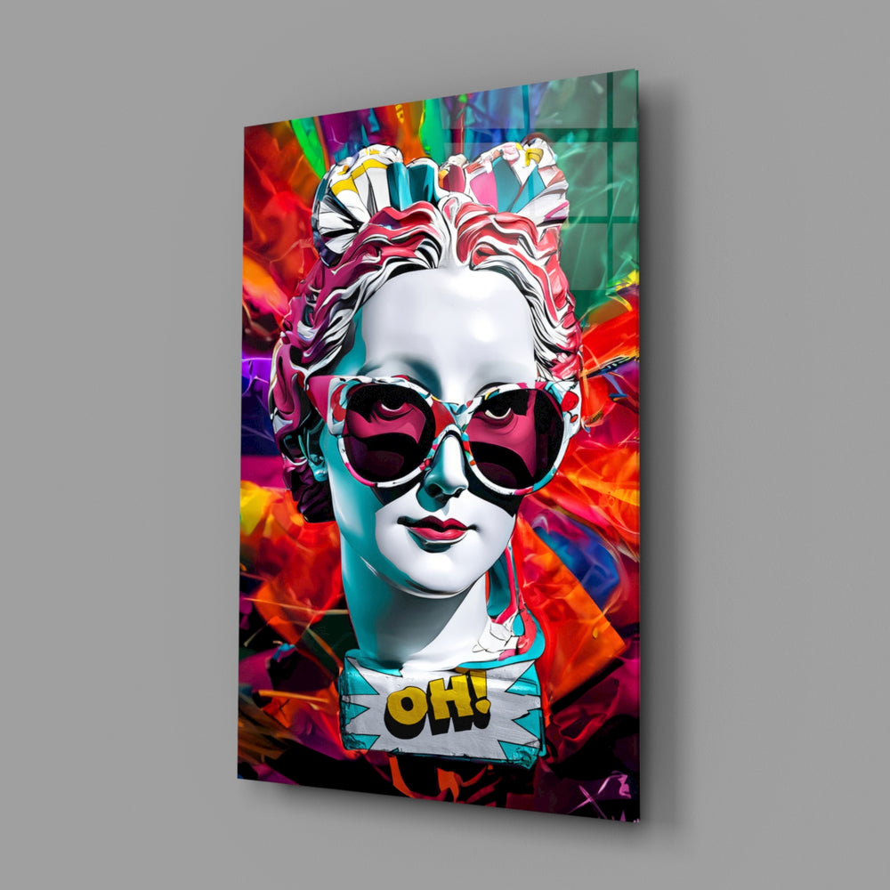 Oh close-up showing marble bust in magenta sunglasses