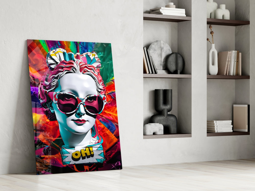 Marble-pop artwork anchoring a wall with magenta-and-multicolor palette