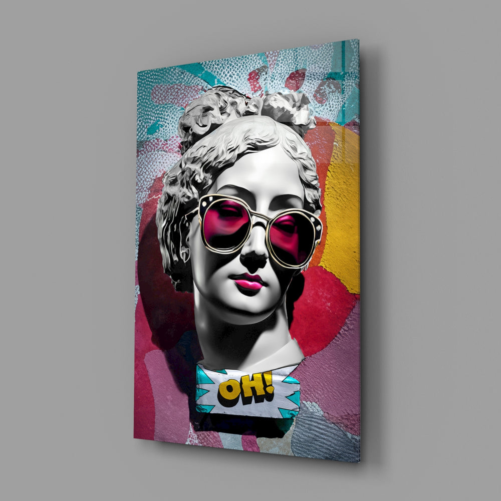 Oh close-up showing marble bust with cyan-reflection sunglasses