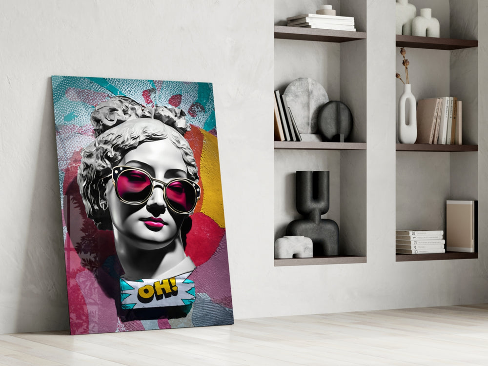 Marble-pop artwork anchoring a wall with teal-and-magenta palette