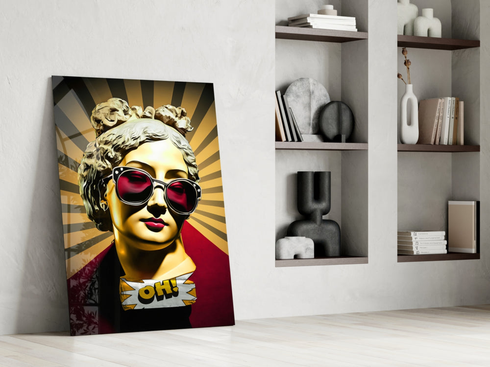 Marble-pop artwork anchoring a wall with gold-and-scarlet palette