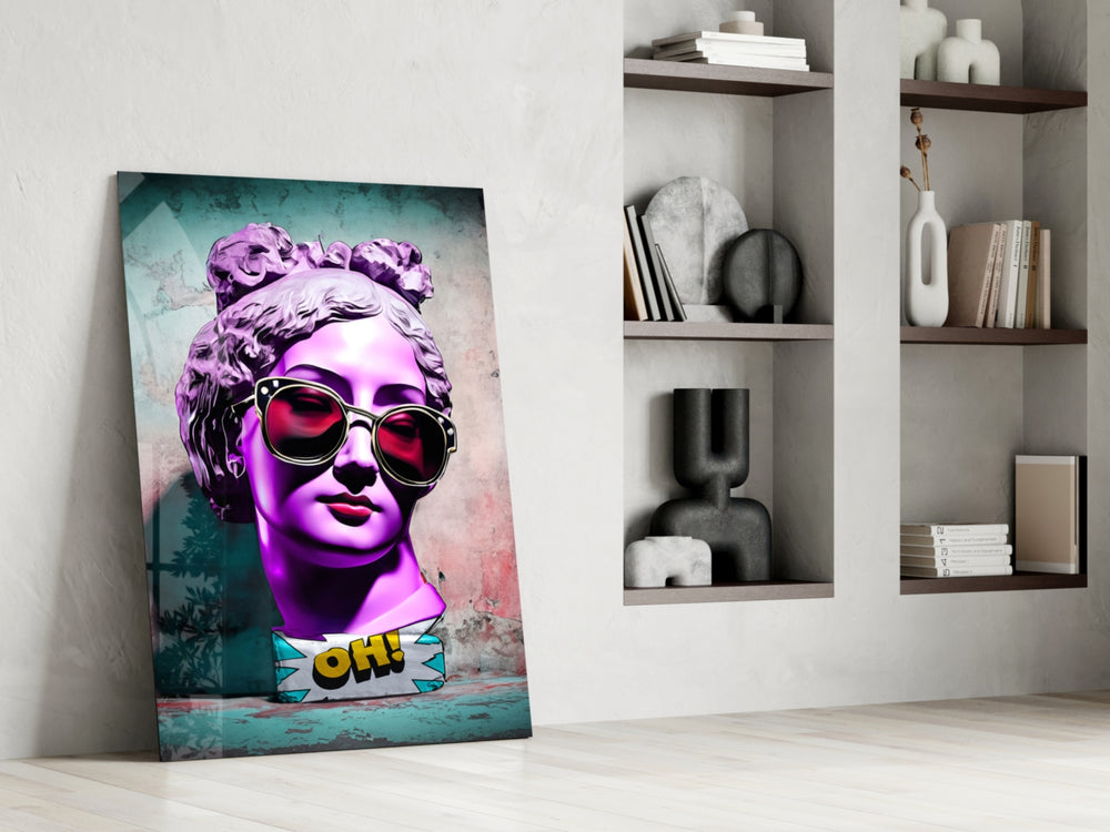 Marble-pop artwork anchoring a wall with magenta-and-teal palette