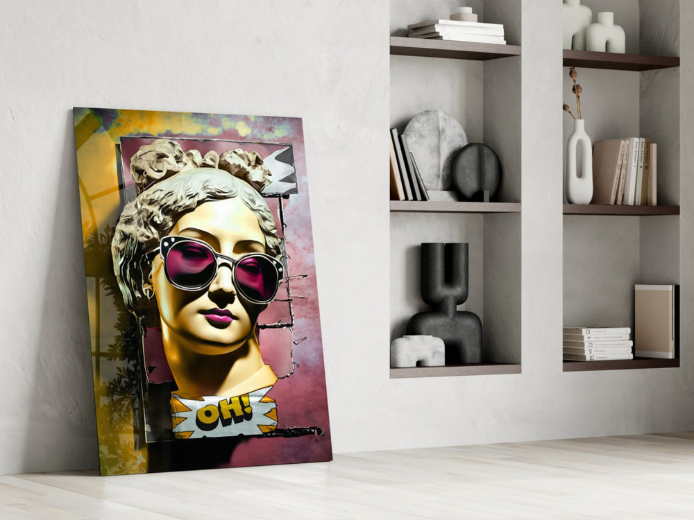 Marble-pop artwork anchoring a wall with gold-and-magenta palette
