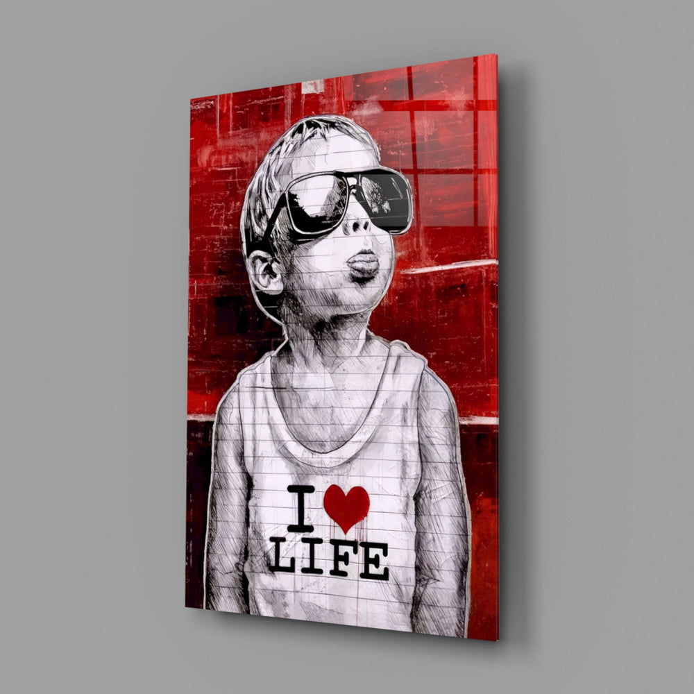 I Love Life close-up showing boy with sunglasses and heart tank top