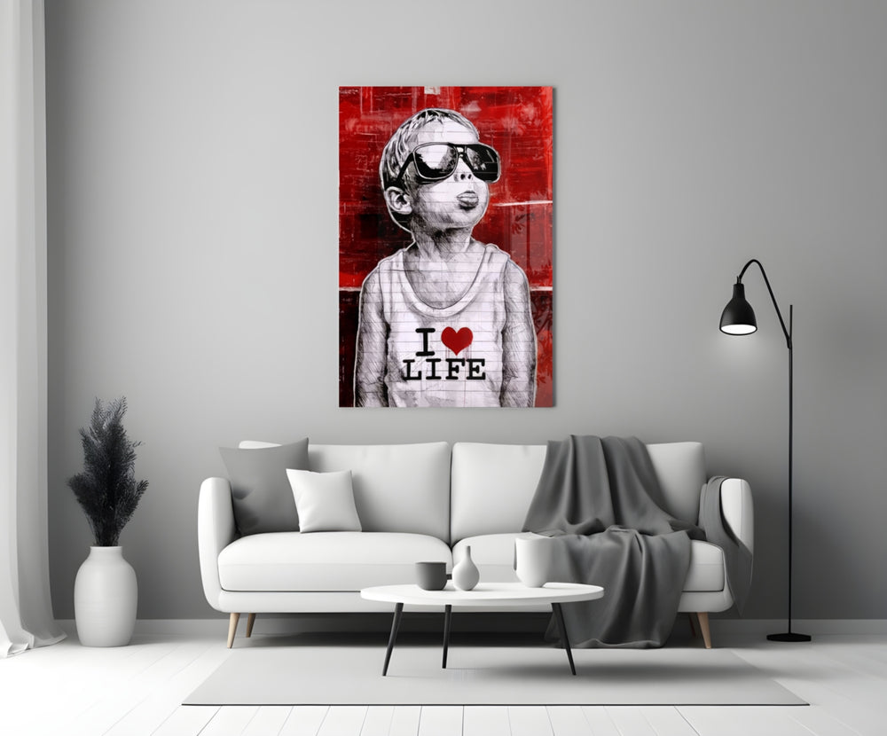 I Love Life glass wall art styled above a console in a media room