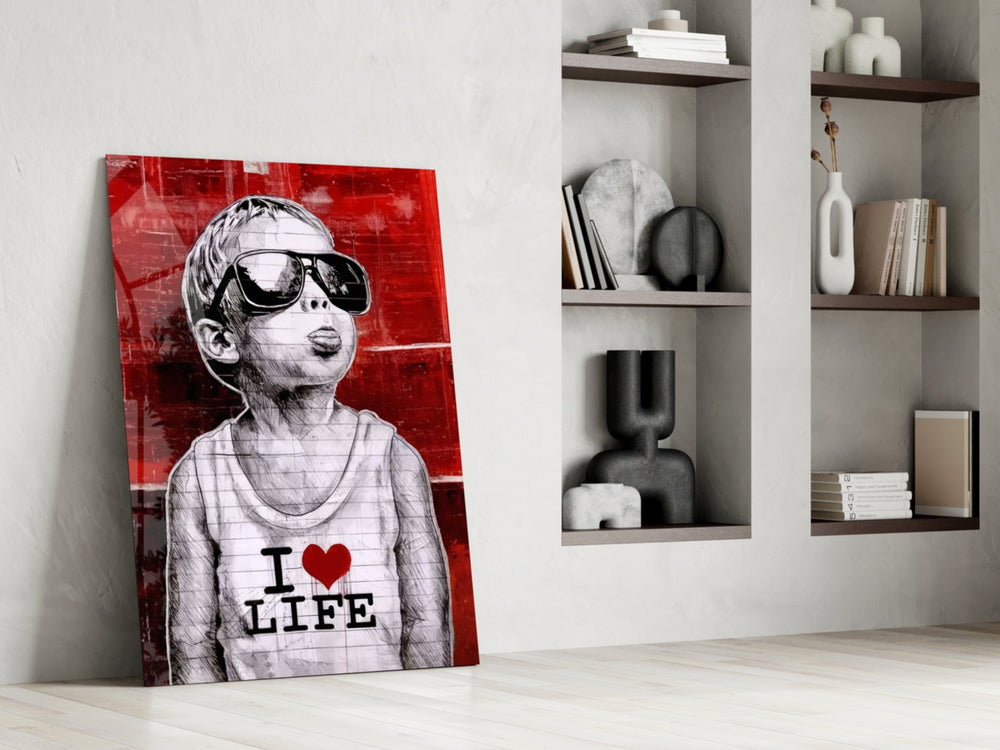 Stencil-boy artwork anchoring a wall with scarlet-and-monochrome palette