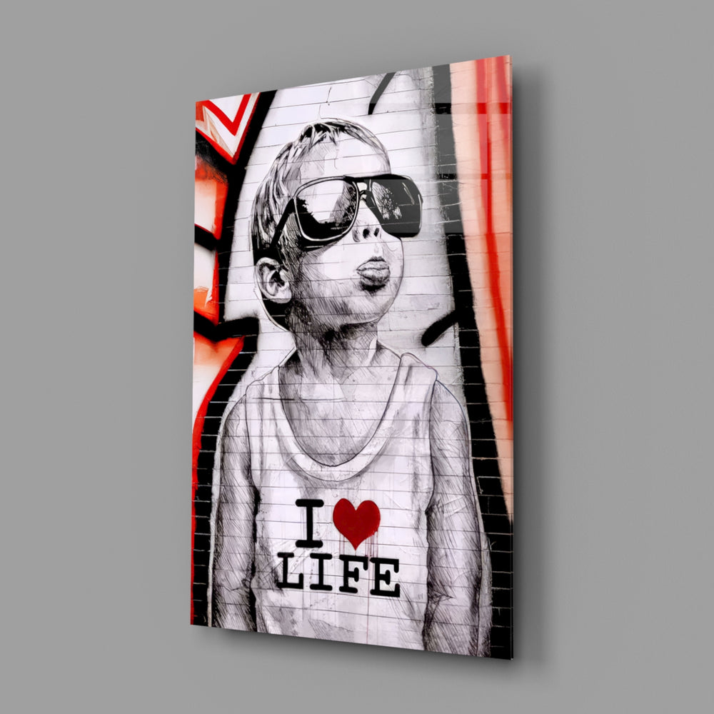 I Love Life close-up showing boy with sunglasses and scarlet drip-graffiti