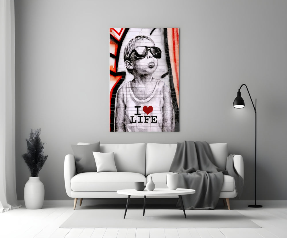 I Love Life glass wall art styled above a console in a media room