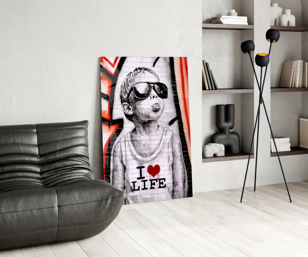 I Love Life glass print enhancing a den with statement firepower