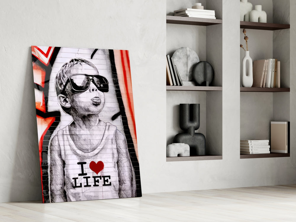 Stencil-boy artwork anchoring a wall with scarlet-and-ivory palette