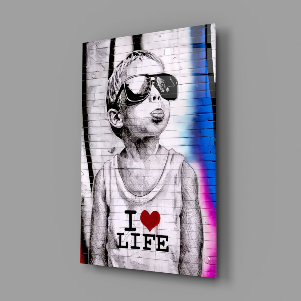 I Love Life close-up showing boy with scarlet-cobalt graffiti behind