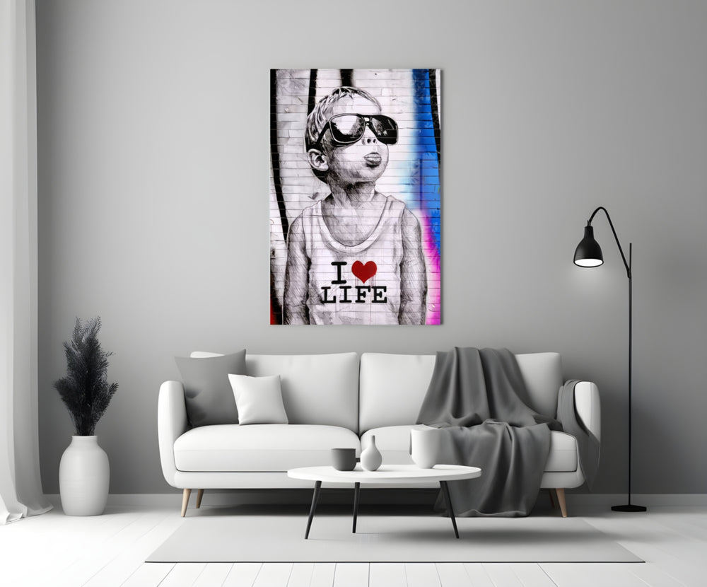 I Love Life glass wall art styled above a console in a media room