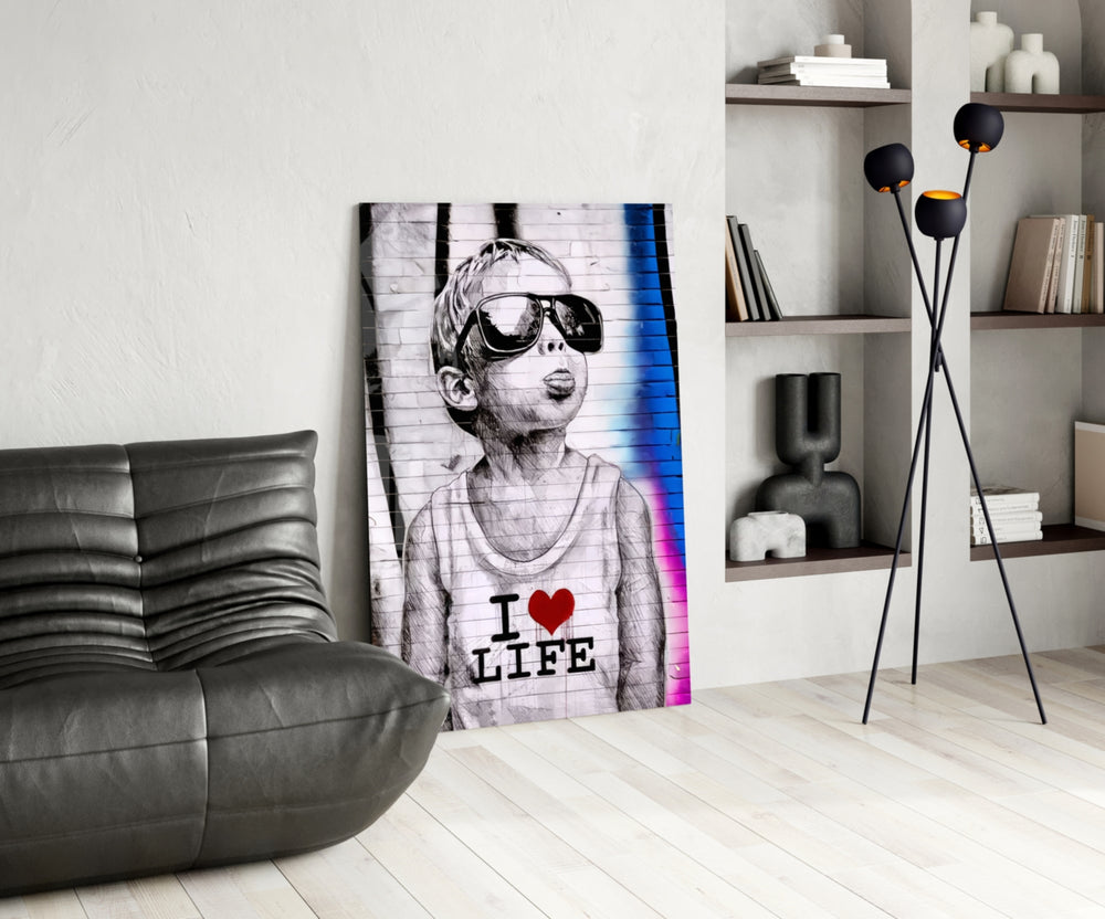I Love Life glass print enhancing a den with statement firepower