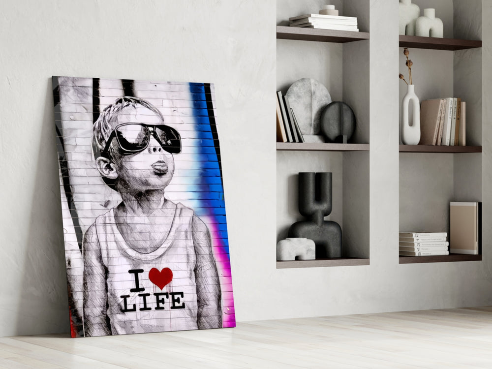 Stencil-boy artwork anchoring a wall with scarlet-and-cobalt palette
