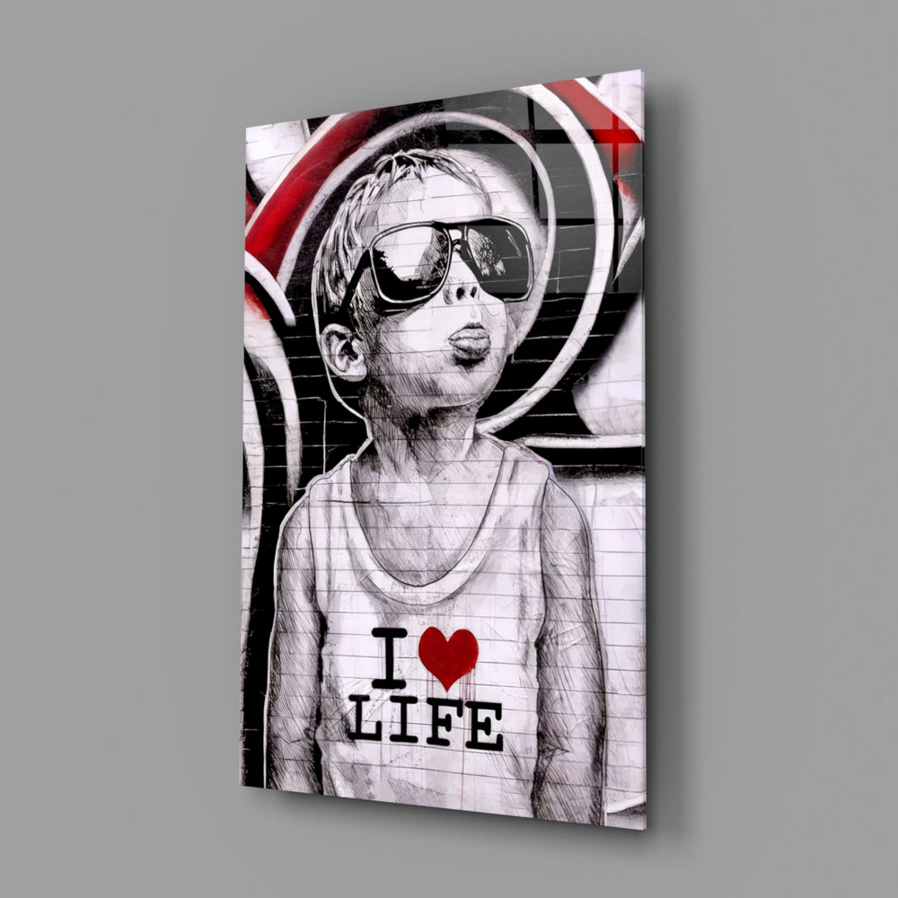 I Love Life close-up showing boy with scarlet halo graffiti