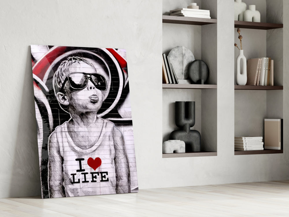 Stencil-boy artwork anchoring a wall with scarlet-and-monochrome palette
