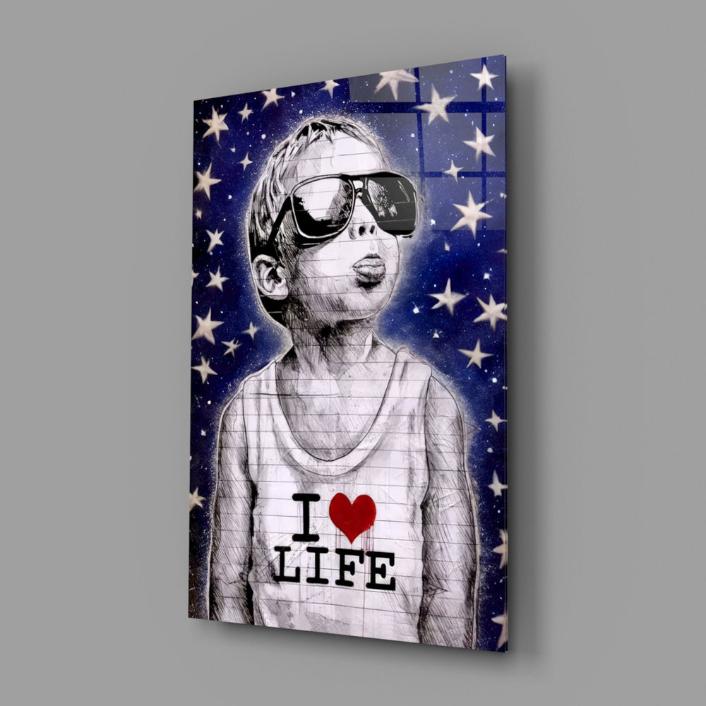 I Love Life close-up showing boy on cobalt starry-night background