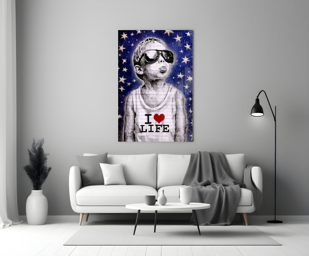 I Love Life glass wall art styled above a console in a media room