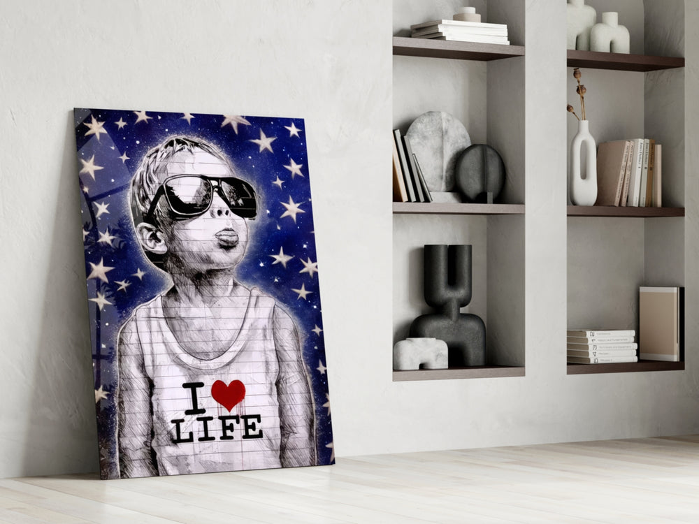 Stencil-boy artwork anchoring a wall with cobalt-and-scarlet palette