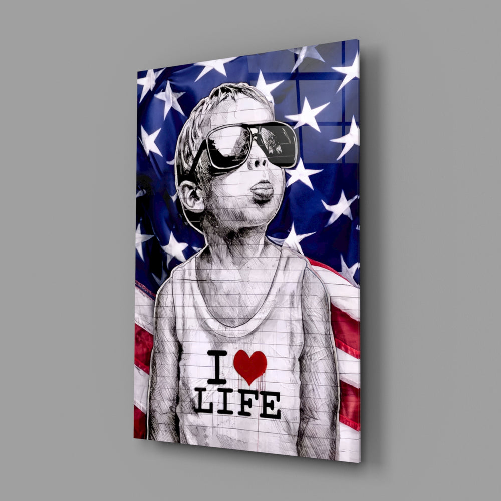 I Love Life close-up showing boy with American flag behind