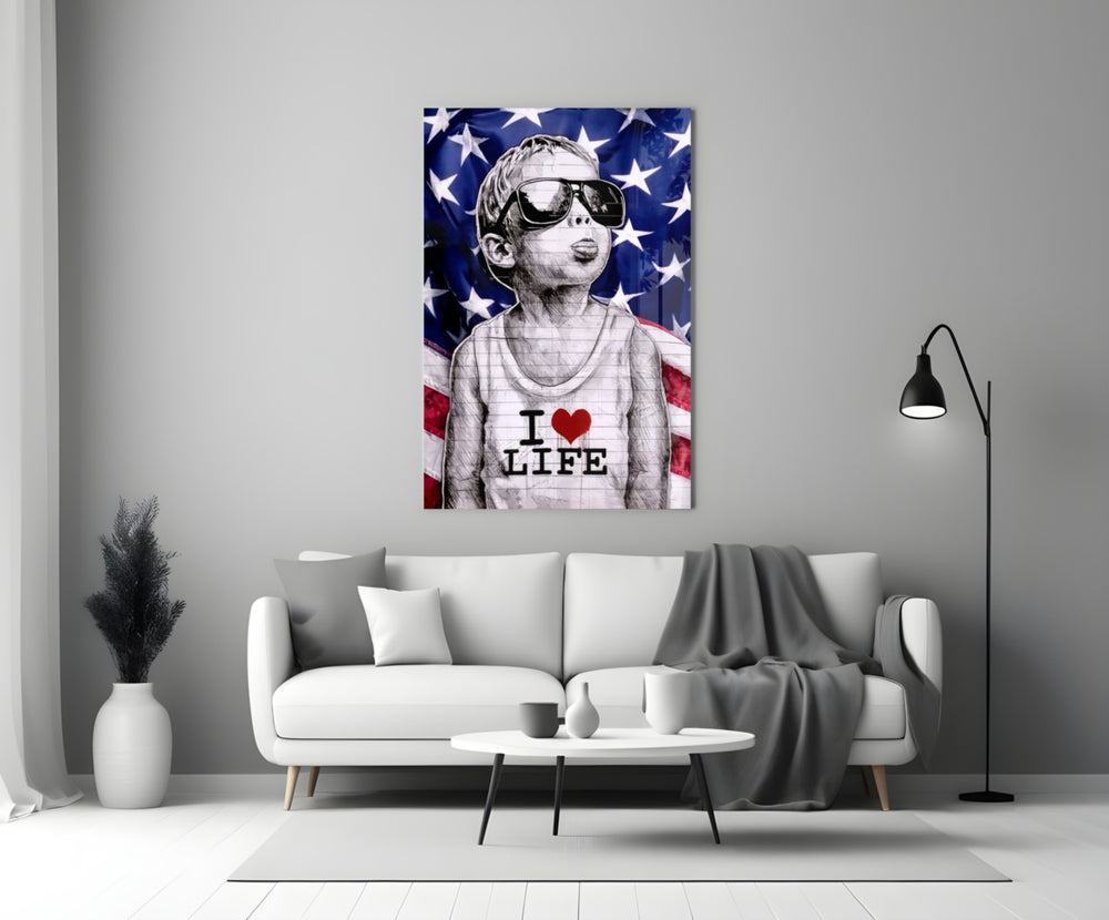 I Love Life glass wall art styled above a console in a media room