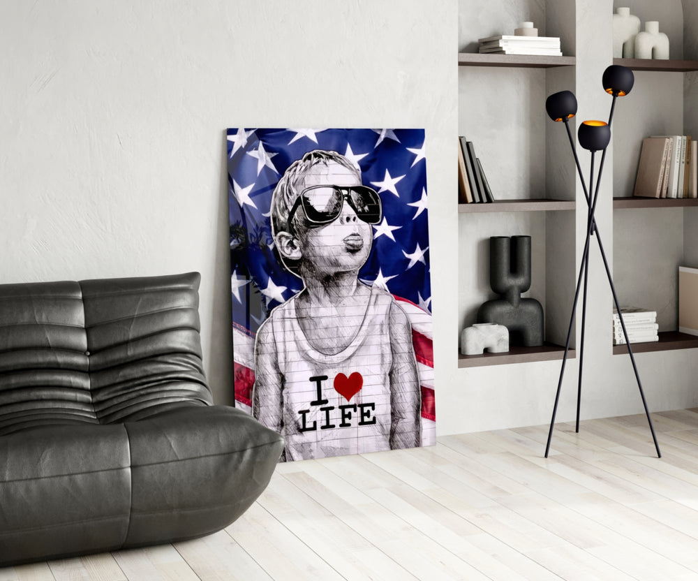 I Love Life glass print enhancing a den with statement firepower