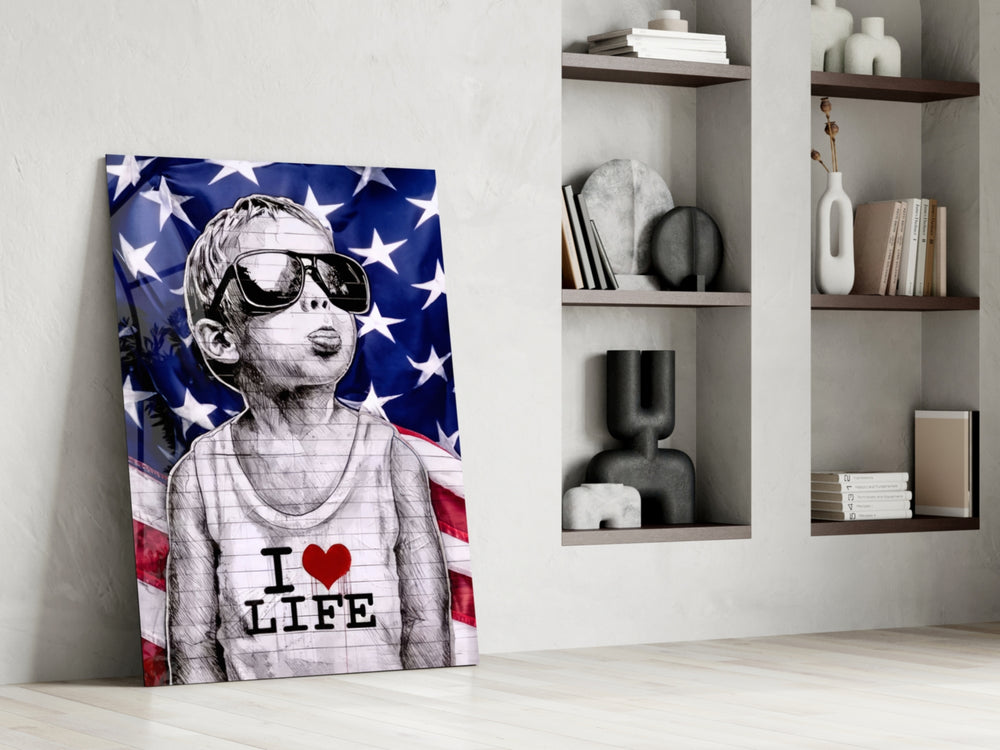 Stencil-boy artwork anchoring a wall with scarlet-and-cobalt palette