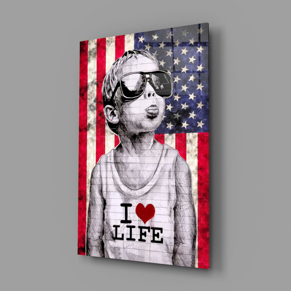 I Love Life close-up showing boy with weathered American flag