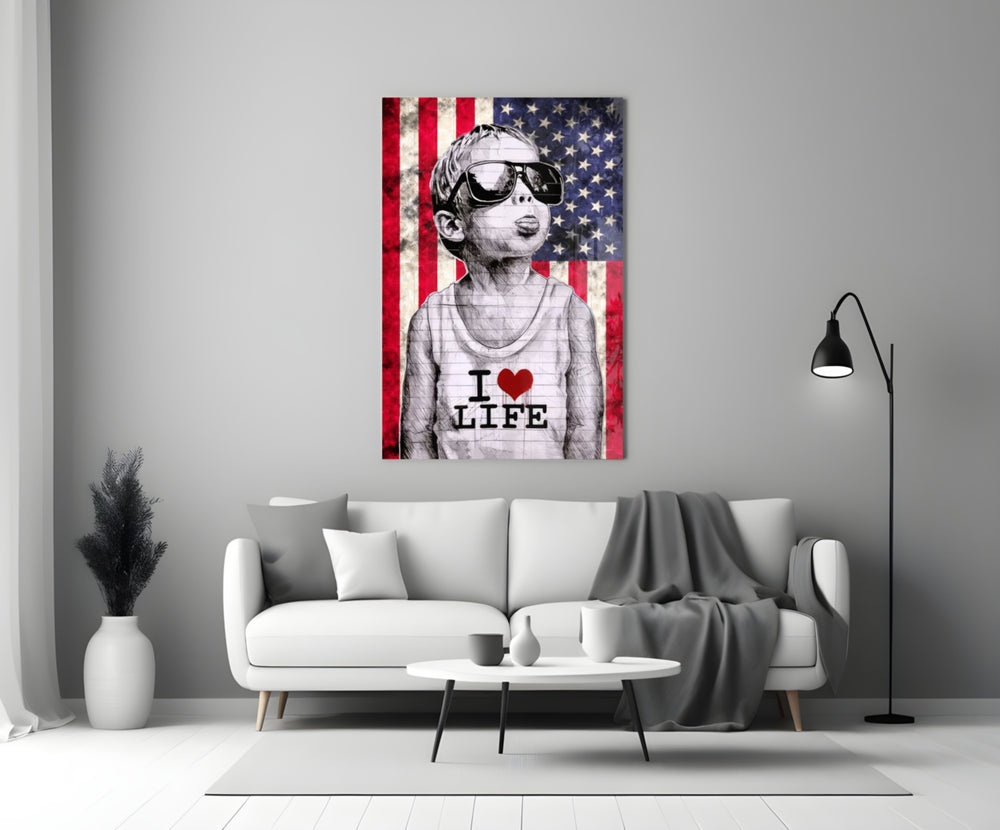 I Love Life glass wall art styled above a console in a media room