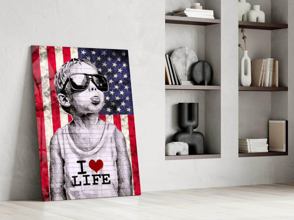 Stencil-boy artwork anchoring a wall with scarlet-and-cobalt palette
