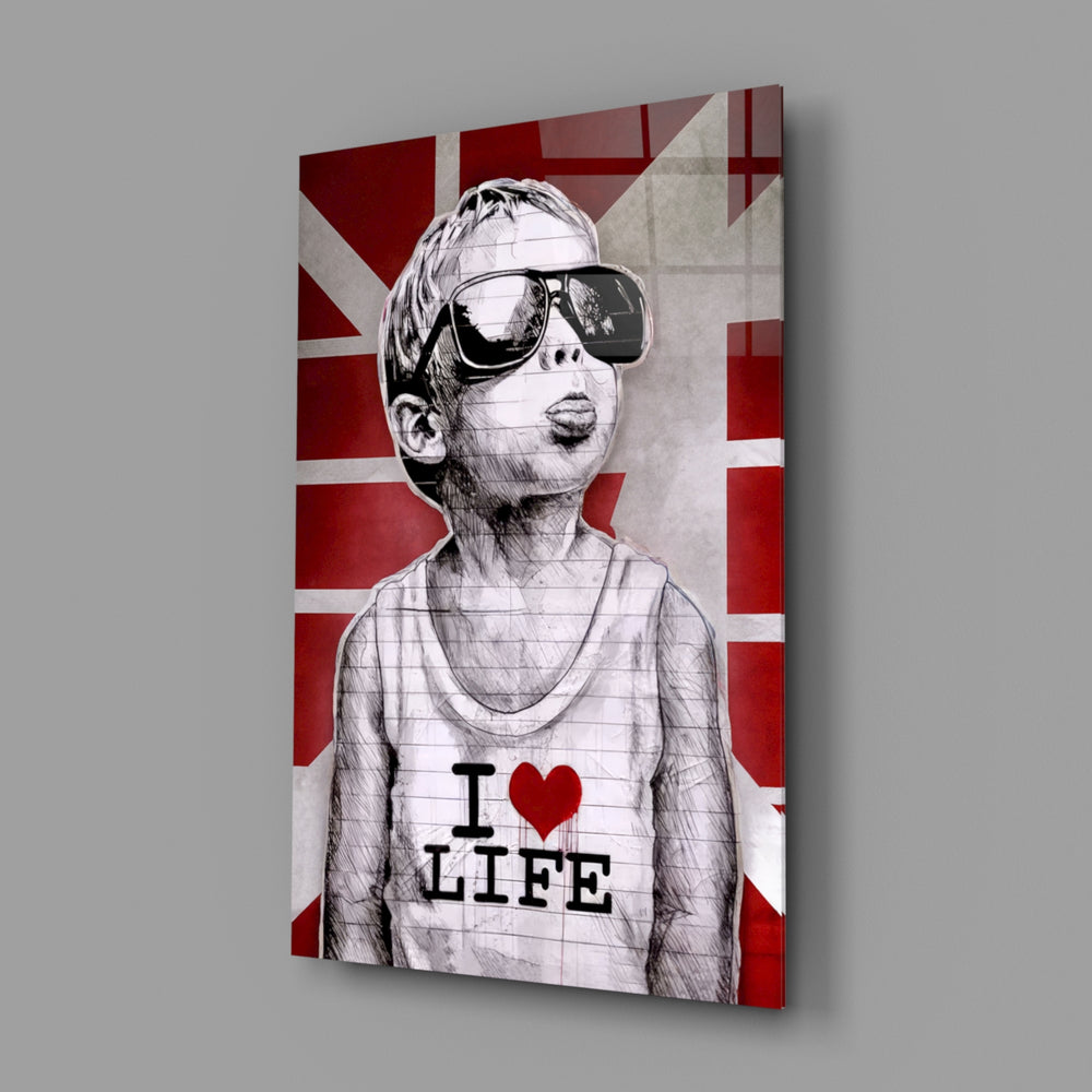I Love Life close-up showing boy with Union Jack flag