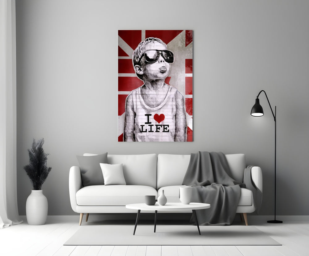 I Love Life glass wall art styled above a console in a media room
