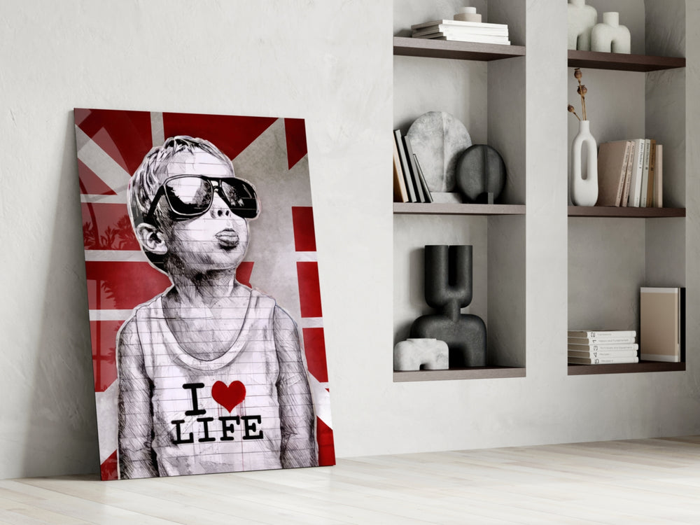 Stencil-boy artwork anchoring a wall with scarlet-and-cobalt palette